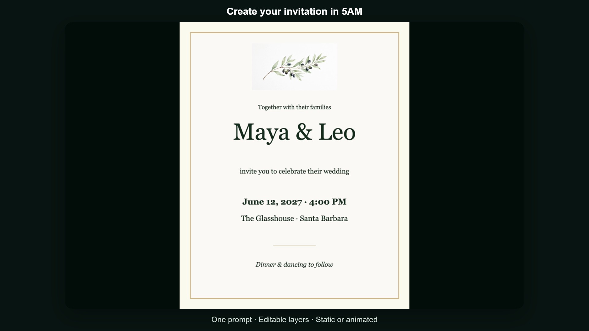 Create an editable wedding invitation from a prompt in 5AM Canvas Studio, then animate and export it