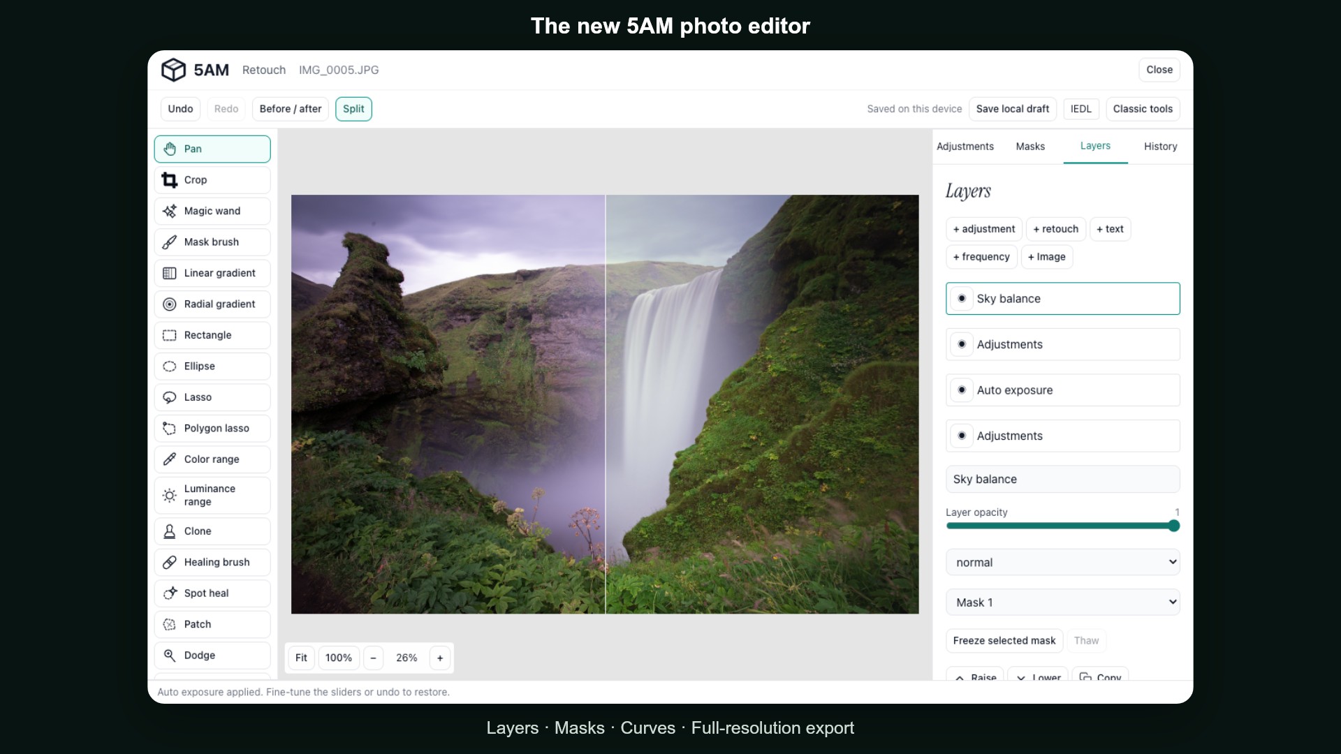 The new 5AM photo editor: layers, masks, curves, and full-resolution export