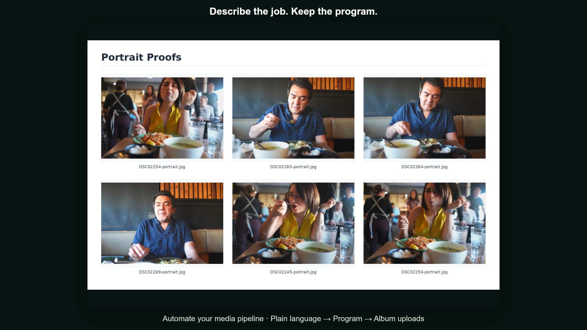 Automate a media pipeline in plain language: create a portrait proof sheet and configure an album-upload trigger